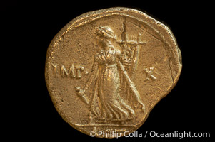 Roman emperor Augustus (27 B.C.-14 A.D.), depicted on ancient Roman coin (silver, denom/type: Denarius) (Denarius, Actian Apollo; Battle of Actium. Sear 1611.)