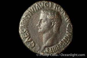 Roman emperor Caligula (37-41 A.D.), depicted on ancient Roman coin (bronze, denom/type: As) (AE As. Obverse: Bust left. C CEASAR DIVI AVG PRON AVG PM TRP IIII PP. Reverse: Vesta seated left. SC. TRP IIII = 41 AD. S616 var.)