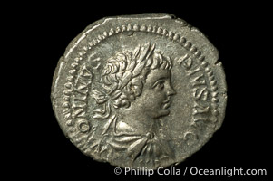 Roman emperor Caracalla (198-217 A.D.), depicted on ancient Roman coin (silver, denom/type: Denarius)