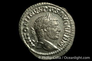 Roman emperor Caracalla (198-217 A.D.), depicted on ancient Roman coin (silver, denom/type: Denarius) (Denarius, EF. Obverse: ANTONINVS PIVS AVG GERM. Reverse: VENVS VICTRIX)