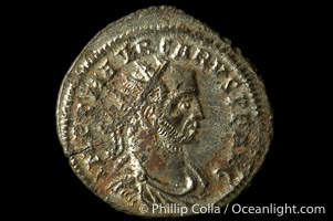 Roman emperor Carus (282-283 A.D.), depicted on ancient Roman coin (bronze, denom/type: Antoninianus) (Antoninianus RIC V-2 128P150; VIRTVS AVGG; Tripolis mint.)