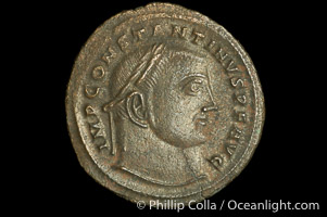 Roman emperor Constantine I (307-337 A.D.), depicted on ancient Roman coin (bronze, denom/type: Follis)