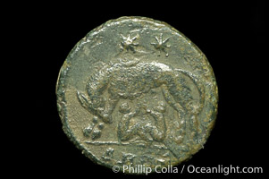 Roman emperor Constantine I-URBS (307-337 A.D.), depicted on ancient Roman coin (bronze, denom/type: AE3) (AE3, Sear 3894. Obverse: VRBS ROMA. Reverse: She wolf, Romulus, Remus, 2 stars.)