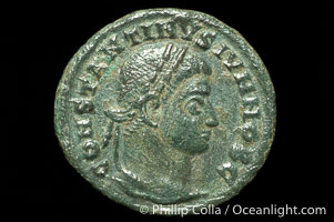 Roman emperor Constantine II (316-337 A.D.), depicted on ancient Roman coin (bronze, denom/type: AE3) (AE3. Obverse: CONSTANTINVS IVN NOB C. Reverse: C, AESAR V NOSTROR VM. Wreath enclosing VOT X.)