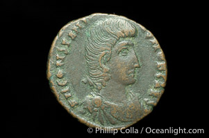 Roman emperor Constantius Gallus (351-354 A.D.), depicted on ancient Roman coin (bronze, denom/type: Red. Centenionalis) (AE3, 17mm, VF. Obverse: DN CONSTANTIVS NOB C, AES. Reverse: R FEL TEMP REPARATIO.)