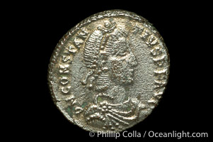 Roman emperor Constantius II (337-361 A.D.), depicted on ancient Roman coin (bronze, denom/type: AE2) (AE2. Obverse: DN CONSTANTIVS PF AVG. Reverse: FEL TEMP REPARATIO)