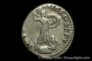 Roman emperor Domitian (81-96 A.D.), depicted on ancient Roman coin (silver, denom/type: Denarius) (Denarius, VF, 3.76 g, 18mm, RIC 172. Obverse: IMP CAES DOMIT AVG GERM P M TR P XII. Reverse: IMP XXI COS XVI CENS PPP)