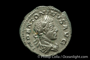 Roman emperor Elegabalus (218-222 A.D.), depicted on ancient Roman coin (silver, denom/type: Denarius) (Denarius, EF, Sea 2003. Obverse: IMP ANTONINVS PIVA AVG. Reverse: Liberty standing left.)
