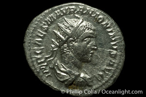 Roman emperor Elegabalus (218-222 A.D.), depicted on ancient Roman coin (silver, denom/type: Antoninianus) (Antoninianus Obverse: IMP.CAES.M.AVR.ANTONINUS.AVG. Reverse: SALUS.ANTONINI.AVG. salus standing half right, holding snake across body and feeding it.)