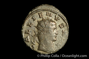 Roman emperor Gallienus (253-268 A.D.), depicted on ancient Roman coin (bronze, denom/type: Antoninianus) (Antoninianus VF. Obverse: GALLIENVS AVG. Reverse: PROVI AVG.)