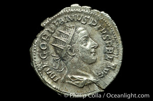 Roman emperor Gordian III (238-244 A.D.), depicted on ancient Roman coin (silver, denom/type: Denarius) (Antoninianus RSC 261, RIC 89. Obverse: IMP GORDIANVS PIVS FEL AVG. Reverse: P M TR P V COS IIP P)