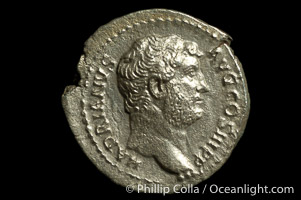 Roman emperor Hadrian (117-138 A.D.), depicted on ancient Roman coin (silver, denom/type: Denarius) (Denarius, BMC 877, RSC 1247c, RIC 324, ST 320. Obverse: HADRIANVS AVG COS III P P. Reverse: RESTITVTORI GALLIAE.)