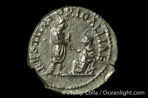 Roman emperor Hadrian (117-138 A.D.), depicted on ancient Roman coin (silver, denom/type: Denarius) (Denarius, BMC 877, RSC 1247c, RIC 324, ST 320. Obverse: HADRIANVS AVG COS III P P. Reverse: RESTITVTORI GALLIAE.)