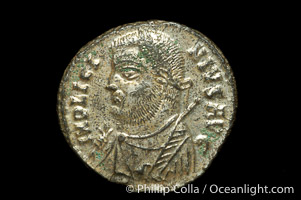 Roman emperor Licinius I (307-324 A.D.), depicted on ancient Roman coin (bronze, denom/type: Follis)