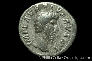 Roman emperor Lucius Verus (161-169 A.D.), depicted on ancient Roman coin (silver, denom/type: Denarius) (Denarius, 3.2 g. Obverse: IMP L AVEREL VERVS AVG. Reverse: PROV DEOR TR P COS II)
