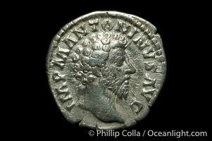 Roman emperor Marcus Aurelius (161-180 A.D.), depicted on ancient Roman coin (silver, denom/type: Denarius) (Denarius, VF, 3.2 g.. Obverse: IMP M ANTONINVS AVG. Reverse: CONCORD AVG IMP XVII, COX III exergue.)