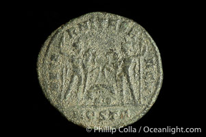 Roman emperor Maxentius (306-312 A.D.), depicted on ancient Roman coin (bronze, denom/type: Follis) (Ae Follis. Obverse: C MAXENTIVS PF AVG. Reverse: AETERNITAS AVG N in ex- MOSTP. S-3776)