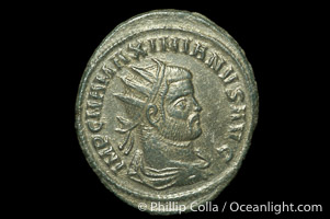 Roman emperor Maximianus (286-305 A.D.), depicted on ancient Roman coin (bronze, denom/type: Antoninianus) (Antoninianus Sear 3611. Obverse: IMP C M A MAXIMIANVS P F AVG. Reverse: CONCORDIA MILITVM)