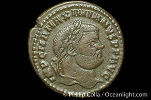 Roman emperor Maximianus (286-305 A.D.), depicted on ancient Roman coin (bronze, denom/type: Follis) (Follis, Sear 3631 wfc; VF.)