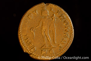Roman emperor Maximianus (286-305 A.D.), depicted on ancient Roman coin (bronze, denom/type: Follis) (Follis, Sear 3631 wfc; VF.)