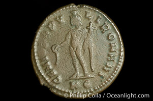 Roman emperor Maximianus (286-305 A.D.), depicted on ancient Roman coin (bronze, denom/type: Follis) (Follis, Sear 3631 wfc; VF.)