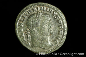 Roman emperor Maximinus II (305-308 A.D.), depicted on ancient Roman coin (bronze, denom/type: Follis) (Follis, 4.64 g,  VF. Reverse: GENIO IMPERATORIS NKY)