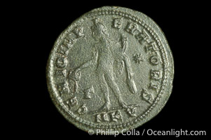 Roman emperor Maximinus II (305-308 A.D.), depicted on ancient Roman coin (bronze, denom/type: Follis) (Follis, 4.64 g,  VF. Reverse: GENIO IMPERATORIS NKY)