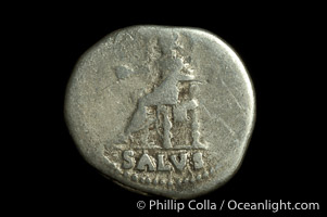 Roman emperor Nero (54-68 A.D.), depicted on ancient Roman coin (silver, denom/type: Denarius) (Denarius, RIC 54, BMC 98, RSC 316. Obverse: IMP NERO CAESAR AVG PP. Reverse: SALUS exergue.)