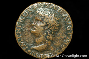 Roman emperor Nero (54-68 A.D.), depicted on ancient Roman coin (bronze, denom/type: As) (As, RIC 329. Obverse: IMP NERO CAESAR AVG P MAX TR PPP. Reverse: Victory, SPQR)