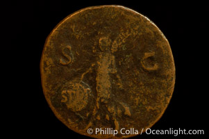 Roman emperor Nero (54-68 A.D.), depicted on ancient Roman coin (bronze, denom/type: As) (As, RIC 329. Obverse: IMP NERO CAESAR AVG P MAX TR PPP. Reverse: Victory, SPQR)