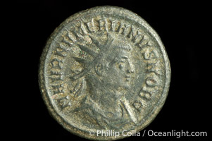 Roman emperor Numerian (283-284 A.D.), depicted on ancient Roman coin (bronze, denom/type: Antoninianus) (Antoninianus F. Obverse: M AVR NVMERIANVS NOB C. Reverse: R VIRTVS AVGG.)