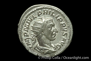 Roman emperor Philip I (244-249 A.D.), depicted on ancient Roman coin (silver, denom/type: Antoninianus) (Antoninianus EF/VF, Sea 2560. Obverse: IMP M IVL PHILIPPVS AVG. Reverse: LAET FVNDATA)