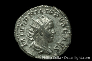 Roman emperor Philip II (247-249 A.D.), depicted on ancient Roman coin (silver, denom/type: Antoninianus) (Antoninianus, 2.4g.)
