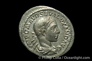 Roman emperor Severus Alexander (222-235 A.D.), depicted on ancient Roman coin (silver, denom/type: Denarius)