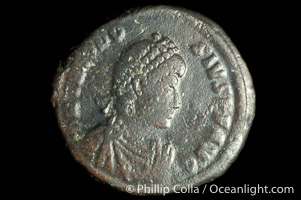 Roman emperor Theodosius I (379-395 A.D.), depicted on ancient Roman coin (bronze, denom/type: AE2) (AE2, 23mm; S. 4181, VM27. Obverse: DN THEODOSIVS PF AVG. Reverse: GLORIA ROMANORVM, CONSA exergue.)