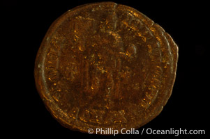 Roman emperor Theodosius I (379-395 A.D.), depicted on ancient Roman coin (bronze, denom/type: AE2) (AE2, 23mm; S. 4181, VM27. Obverse: DN THEODOSIVS PF AVG. Reverse: GLORIA ROMANORVM, CONSA exergue.)