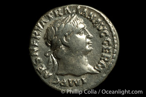 Roman emperor Trajan (98-117 A.D.), depicted on ancient Roman coin (silver, denom/type: Denarius)