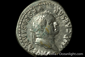 Roman emperor Vespasian (69-79 A.D.), depicted on ancient Roman coin (silver, denom/type: Denarius) (Denarius, 3.43 g, RIC 90, RSC 366, S 780.)