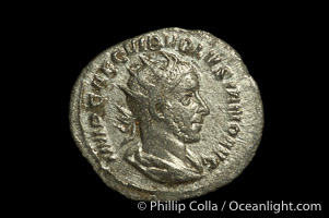 Roman emperor Volusian (251-253 A.D.), depicted on ancient Roman coin (silver, denom/type: Antoninianus) (Antoninianus VF. Obverse: IMP CA C VIB VOLUSIANUS AUG. Reverse: PM TRP IIII COS II)
