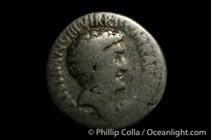 Roman emperors Marc Antony and Octavian (41 B.C.), depicted on ancient Roman coin (silver, denom/type: Denarius)