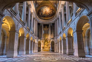 Royal Chapel of Versailles, dedicated to Saint Louis, patron saint of the Bourbons, the chapel was consecrated in 1710.  It was here that  Louis XVI of France was wed to Marie-Antoinette. The ceiling represents God the Father in His Glory Bringing to the World the Promise of Redemption and was painted by Antoine Coypel, Chateau de Versailles, Paris