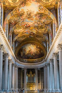 Royal Chapel of Versailles, dedicated to Saint Louis, patron saint of the Bourbons, the chapel was consecrated in 1710.  It was here that  Louis XVI of France was wed to Marie-Antoinette. The ceiling represents God the Father in His Glory Bringing to the World the Promise of Redemption and was painted by Antoine Coypel, Chateau de Versailles, Paris