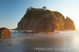 Ruby Beach and its famous seastack, blurry ocean waves, sunset.