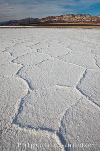 Salt polygons.  After winter flooding, the salt on the Badwater Basin playa dries into geometric polygonal shapes, Death Valley National Park, California