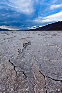 Salt polygons. After winter flooding, the salt on the Badwater Basin playa dries into geometric polygonal shapes, Death Valley National Park, California