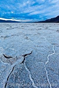 Salt polygons. After winter flooding, the salt on the Badwater Basin playa dries into geometric polygonal shapes, Death Valley National Park, California