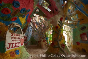 Salvation Mountain, near the desert community of Slab City and the small town of Niland on the east side of the Salton Sea.  Built over several decades by full-time resident Leonard Knight, who lives at the site, Salvation Mountain was built from over 100,000 gallons of paint, haybales, wood and metal and was created by Mr. Knight to convey the message that "God Loves Everyone"