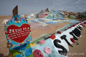 Salvation Mountain, near the desert community of Slab City and the small town of Niland on the east side of the Salton Sea.  Built over several decades by full-time resident Leonard Knight, who lives at the site, Salvation Mountain was built from over 100,000 gallons of paint, haybales, wood and metal and was created by Mr. Knight to convey the message that "God Loves Everyone"