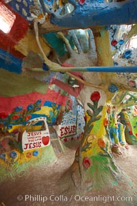 Salvation Mountain, near the desert community of Slab City and the small town of Niland on the east side of the Salton Sea.  Built over several decades by full-time resident Leonard Knight, who lives at the site, Salvation Mountain was built from over 100,000 gallons of paint, haybales, wood and metal and was created by Mr. Knight to convey the message that "God Loves Everyone"