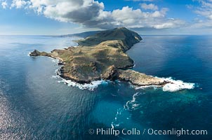 San Clemente Island aerial photo, Pyramid Head and Balanced Rock (China Hat) at the southern end of the island.  San Clemente Island Pyramid Head, the distinctive pyramid shaped southern end of the island, exhibits distinctive geologic terracing, underwater reefs and giant kelp forests